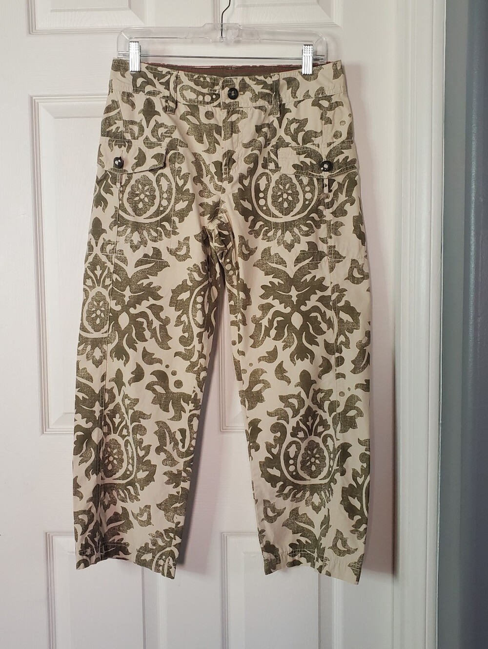 Tommy Hilfiger Cropped Pants Beige/Green Floral Straight Leg Capri Preppy Boho 4